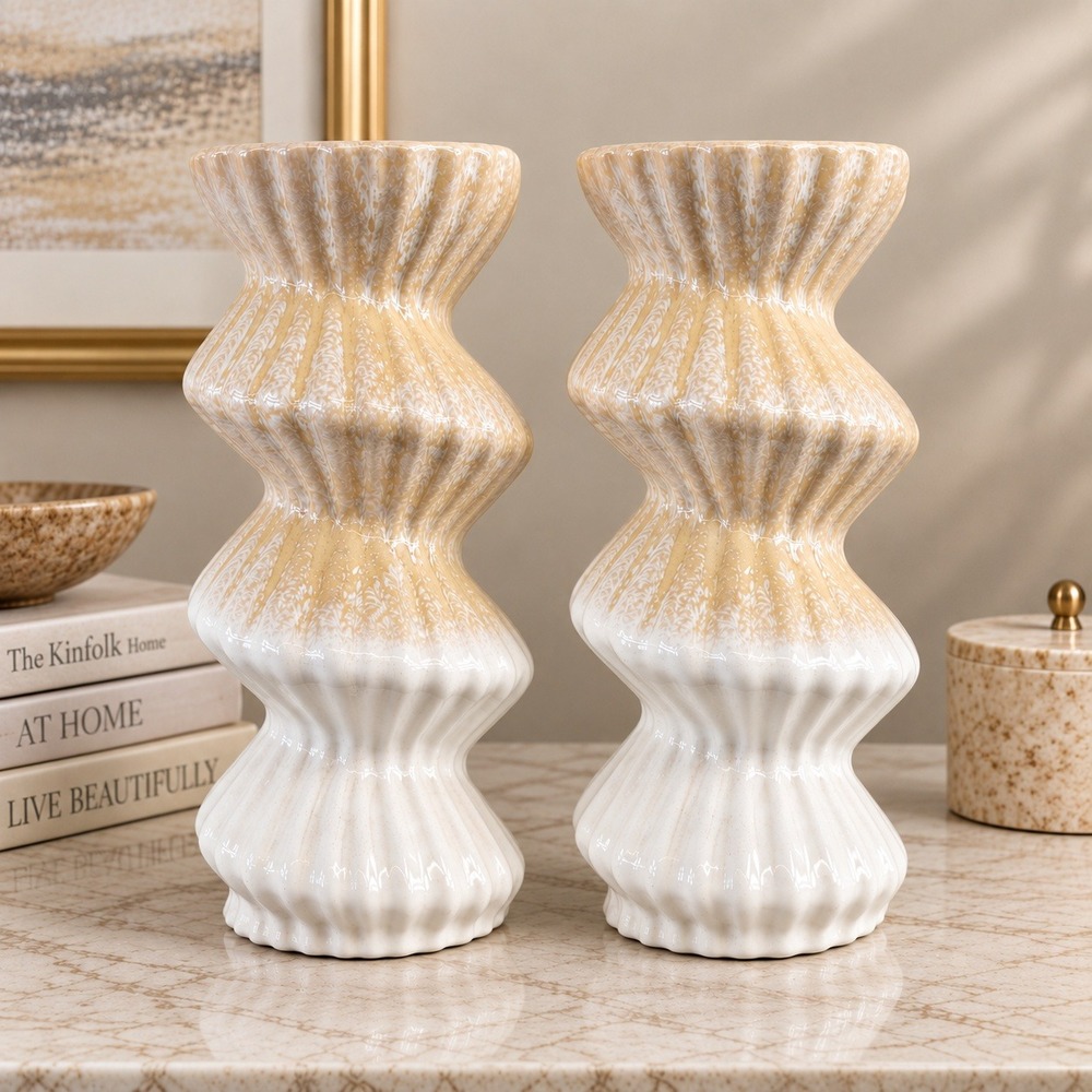 Pair Sculptural Ceramic Deco Pieces White Beige Spiral Twist Ribbed Modern Decor